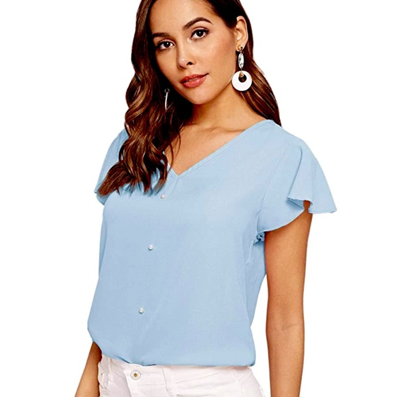 Tunic Blouse Light Blue Pearl beaded front Size: S - Picture 2 of 5